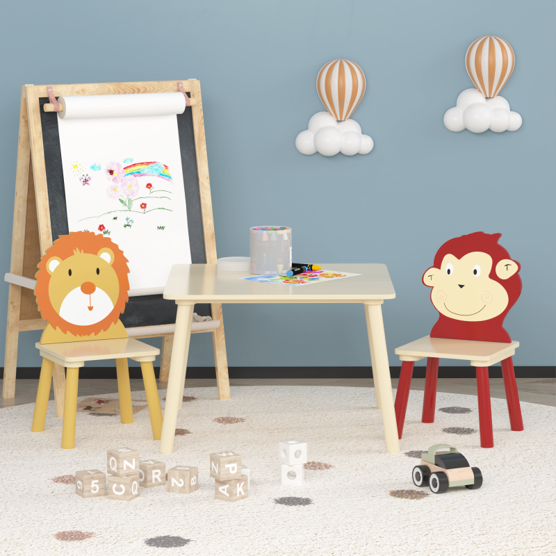 Wooden Kids Table & 2 Chairs for Playroom, Lion & Monkey