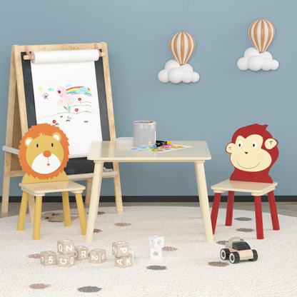Wooden Kids Table & 2 Chairs for Playroom, Lion & Monkey