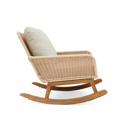 Modern Beige Wicker Rocker for Indoor/Outdoor, Soft Cushions