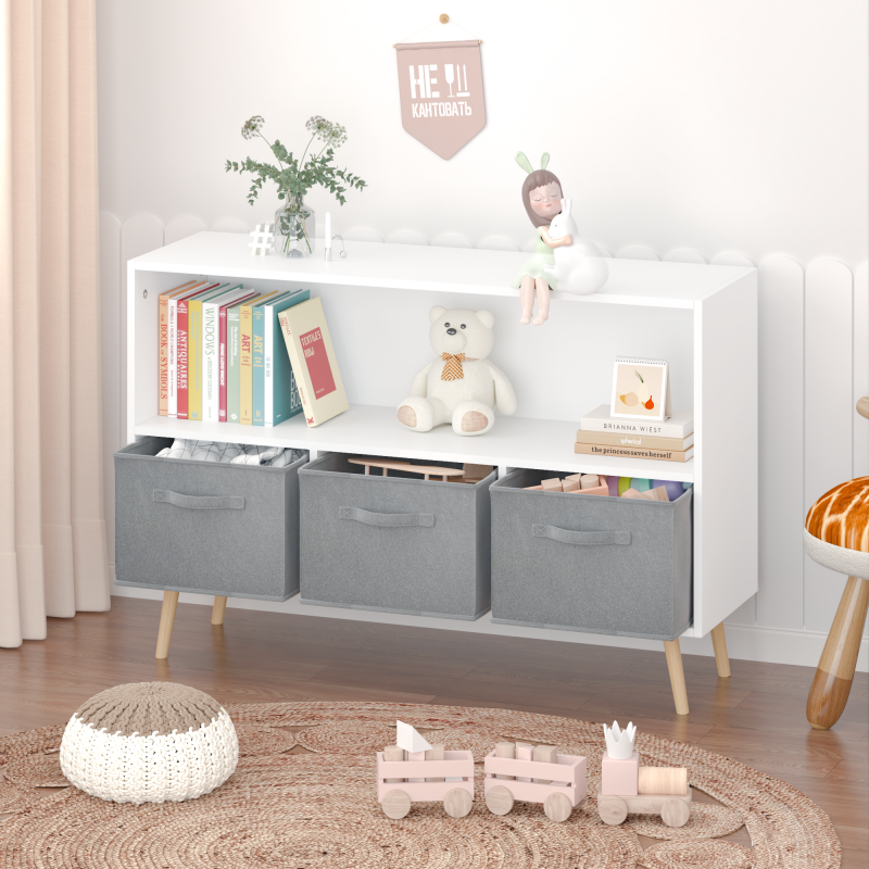 Modern Kids Bookcase for Playroom w/ Collapsible Fabric Bins