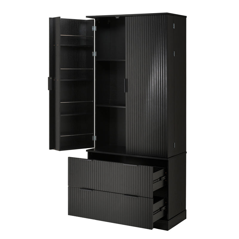 Modern Fluted Kitchen Pantry Cabinet, Drawers & Spice Racks