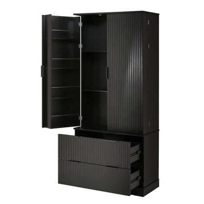 Modern Fluted Kitchen Pantry Cabinet, Drawers & Spice Racks