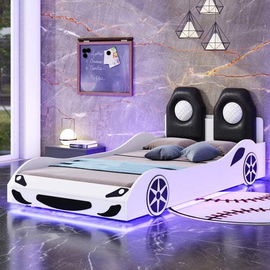 Race Car Twin Platform Bed for Kids, LED & Padded Headboard