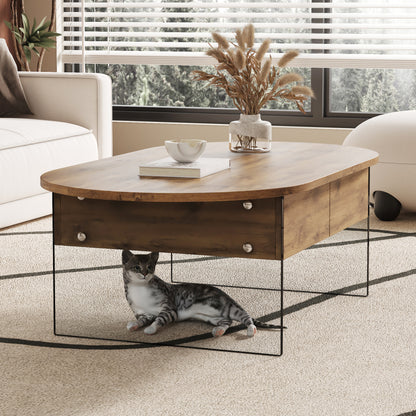 Natural Oval Coffee Table, Living Room, Glass Sides, Drawers