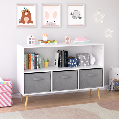 Modern Kids Bookcase for Playroom w/ Collapsible Fabric Bins