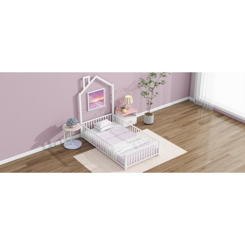 Playhouse Twin Metal Bed for Kids with Guardrail & Chimney