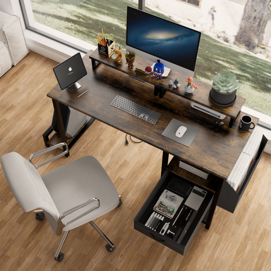 Rustic Brown Computer Desk for Home Office with Outlets