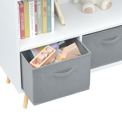 Modern Kids Bookcase for Playroom w/ Collapsible Fabric Bins
