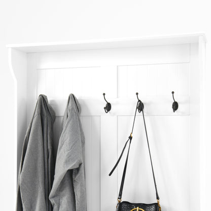 Modern White Hall Tree Bench, Entryway Shoe Storage, 5 Hooks