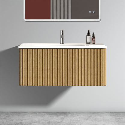Etna 24-in Striped Walnut Floating Bath Vanity, Ceramic Sink