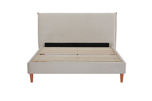 Rafiel Modern Bed Frame &ndash; Soft Beige Fabric &amp; Solid Wood