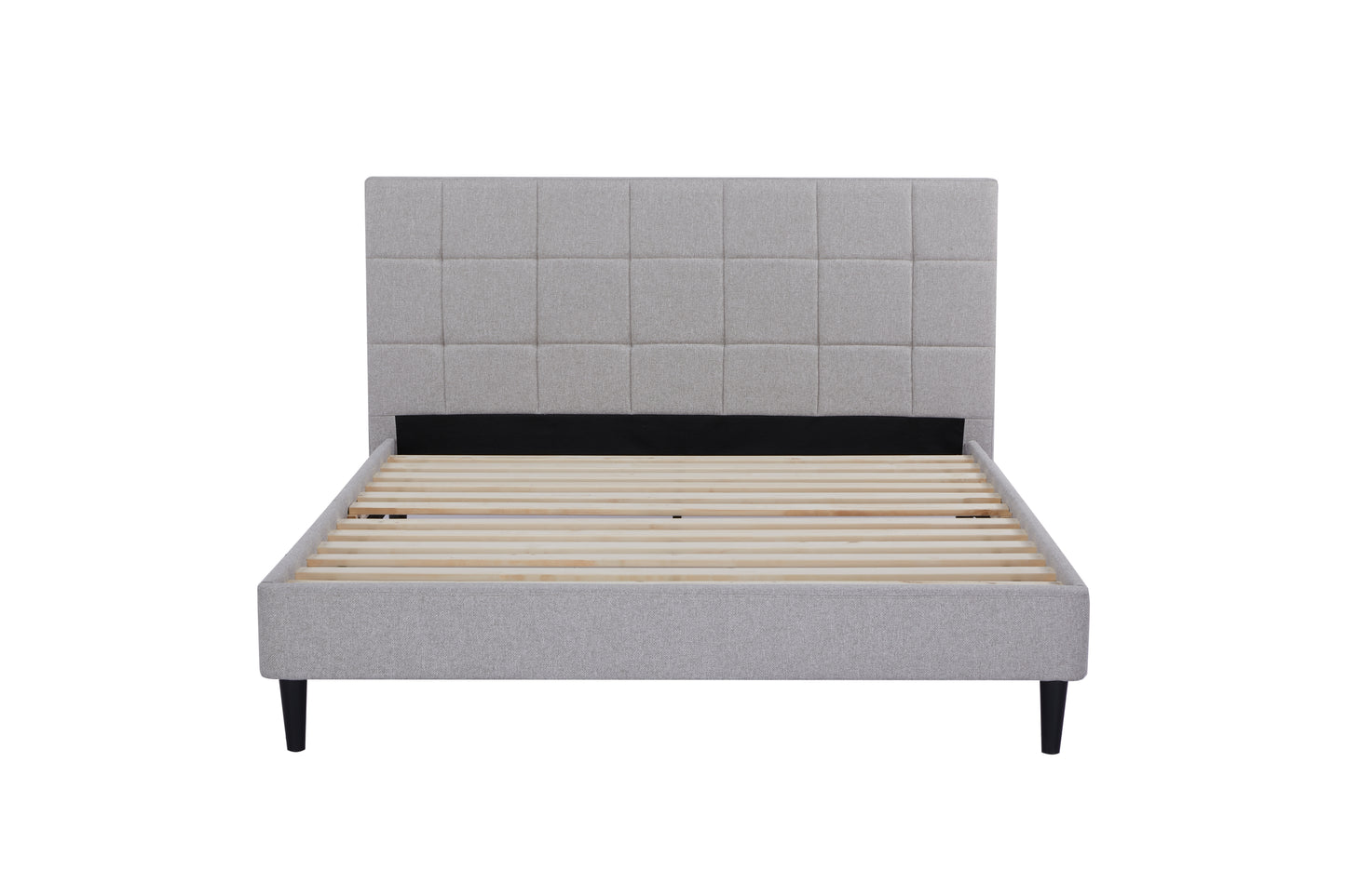 Eowynne Modern Bed Frame &ndash; Soft Grey Fabric &amp; Solid Wood Design