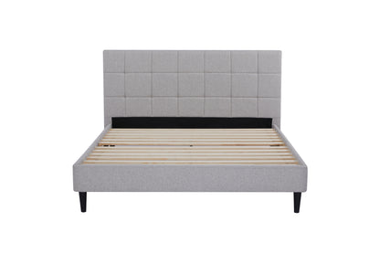 Eowynne Modern Bed Frame &ndash; Soft Grey Fabric &amp; Solid Wood Design