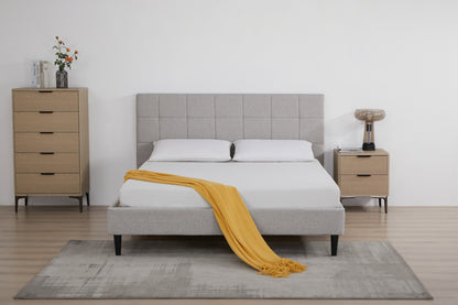 Eowynne Modern Bed Frame &ndash; Soft Grey Fabric &amp; Solid Wood Design