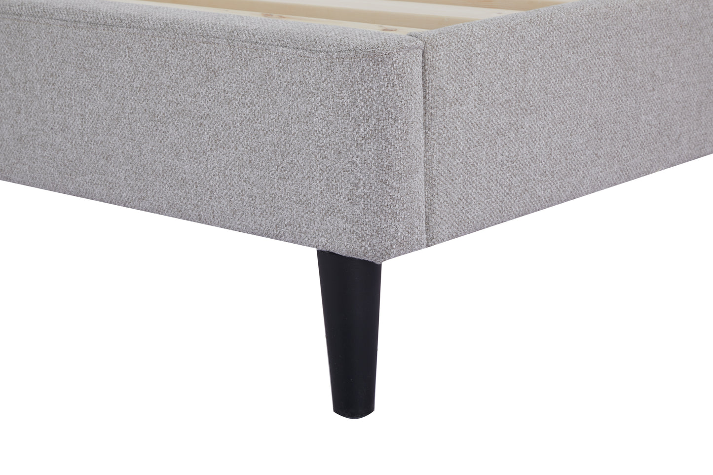 Eowynne Modern Bed Frame &ndash; Soft Grey Fabric &amp; Solid Wood Design