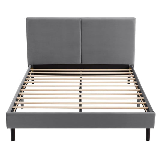 Liora Bed Frame -Grey Velvet Upholstered Bed with Square Headboard