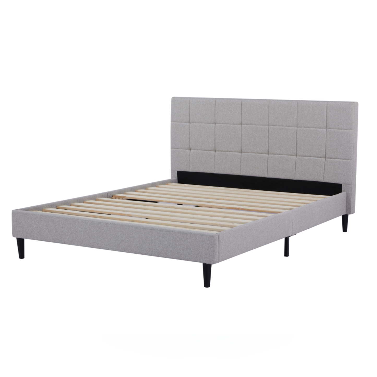 Eowynne Modern Bed Frame &ndash; Soft Grey Fabric &amp; Solid Wood Design