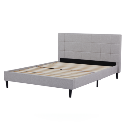 Eowynne Modern Bed Frame &ndash; Soft Grey Fabric &amp; Solid Wood Design