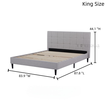 Eowynne Modern Bed Frame &ndash; Soft Grey Fabric &amp; Solid Wood Design