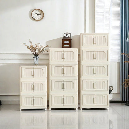 Cream White Folding Storage Cabinet on Wheels for Entryway