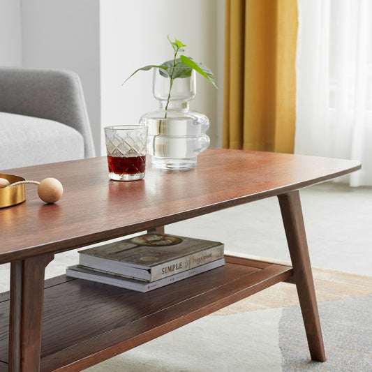 Modern Coffee Table for Living Room, Solid Oak Top & Shelf