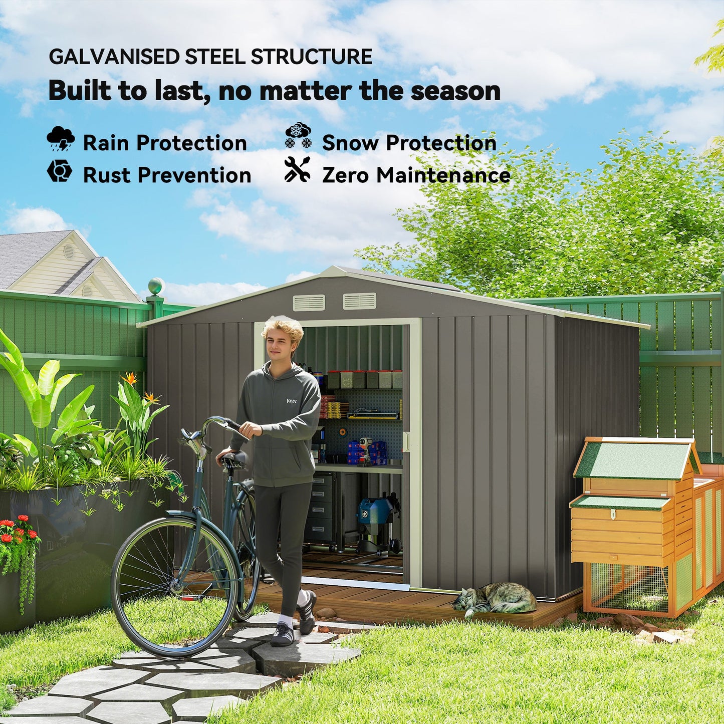 Outsunny Metal Storage Shed, Backyard 9x6, Foundation Kit