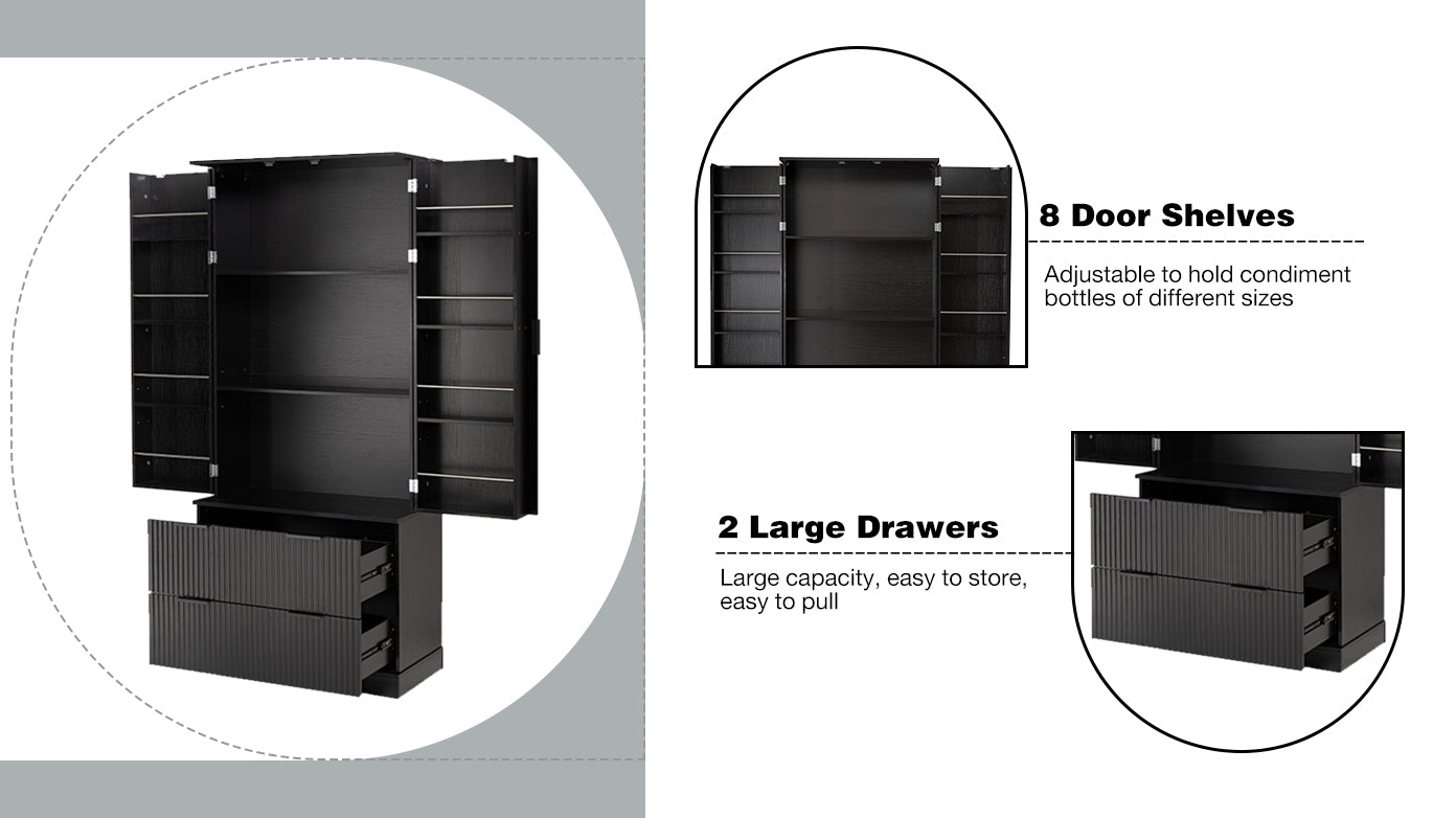 Modern Fluted Kitchen Pantry Cabinet, Drawers & Spice Racks