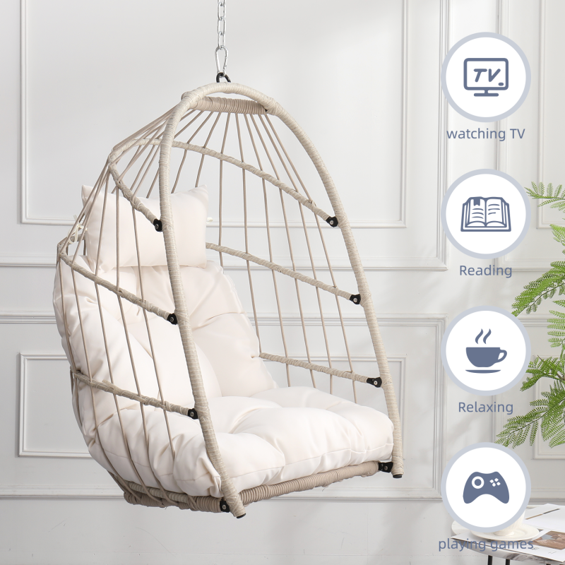 Boho Egg Swing Chair for Patio, All-Weather White PE Rattan