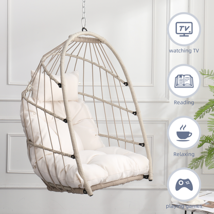 Boho Egg Swing Chair for Patio, All-Weather White PE Rattan