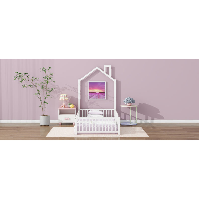 Playhouse Twin Metal Bed for Kids with Guardrail & Chimney