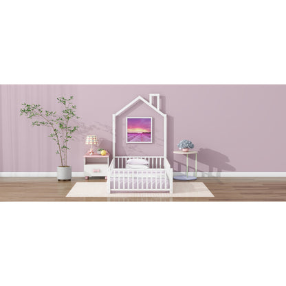 Playhouse Twin Metal Bed for Kids with Guardrail & Chimney