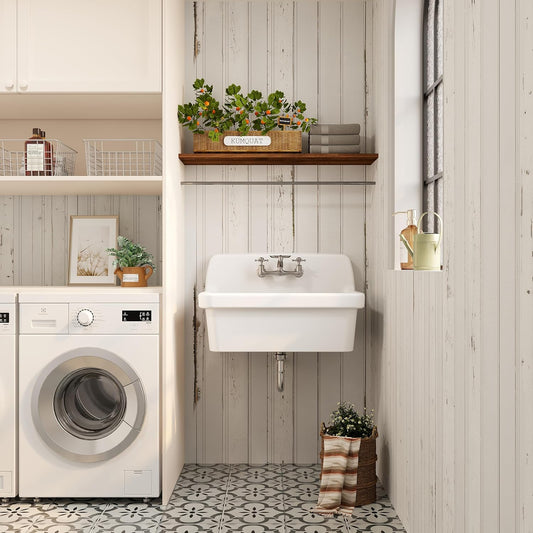 ELLAI Farmhouse Wall-Mount Laundry Sink, High-Back Ceramic