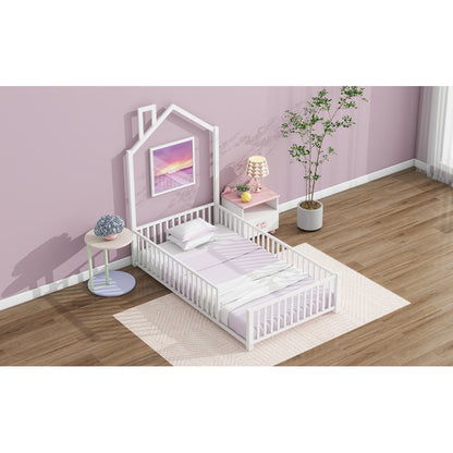 Playhouse Twin Metal Bed for Kids with Guardrail & Chimney
