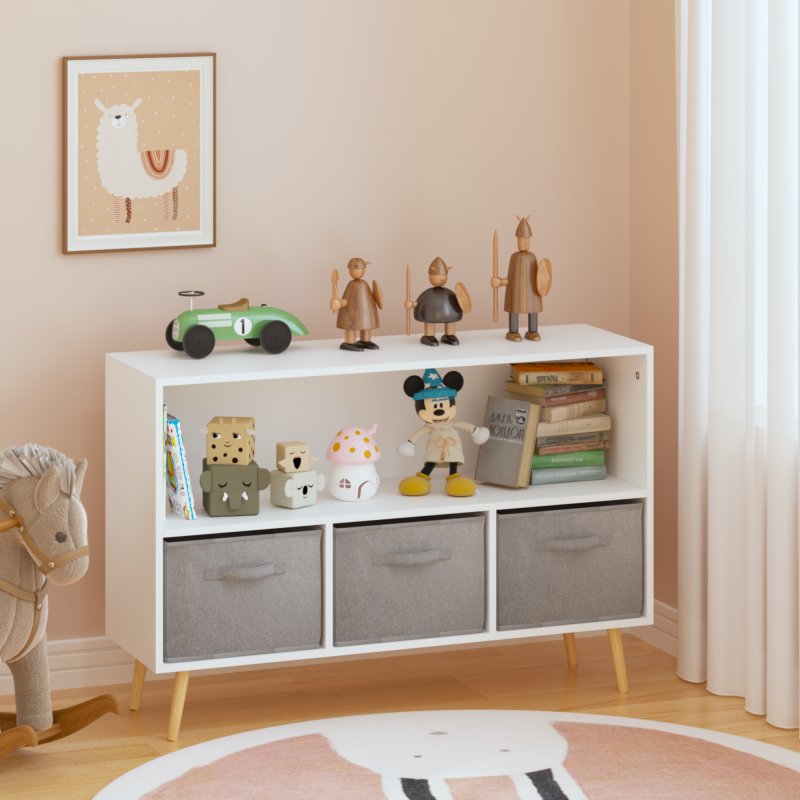 Modern Kids Bookcase for Playroom w/ Collapsible Fabric Bins