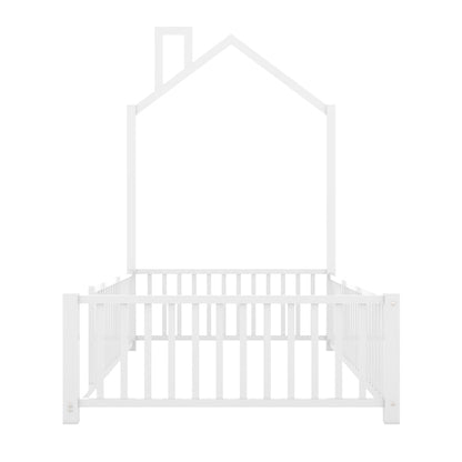 Playhouse Twin Metal Bed for Kids with Guardrail & Chimney