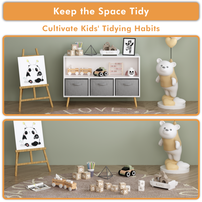 Modern Kids Bookcase for Playroom w/ Collapsible Fabric Bins
