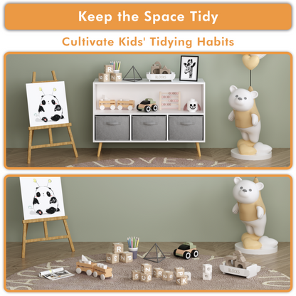 Modern Kids Bookcase for Playroom w/ Collapsible Fabric Bins