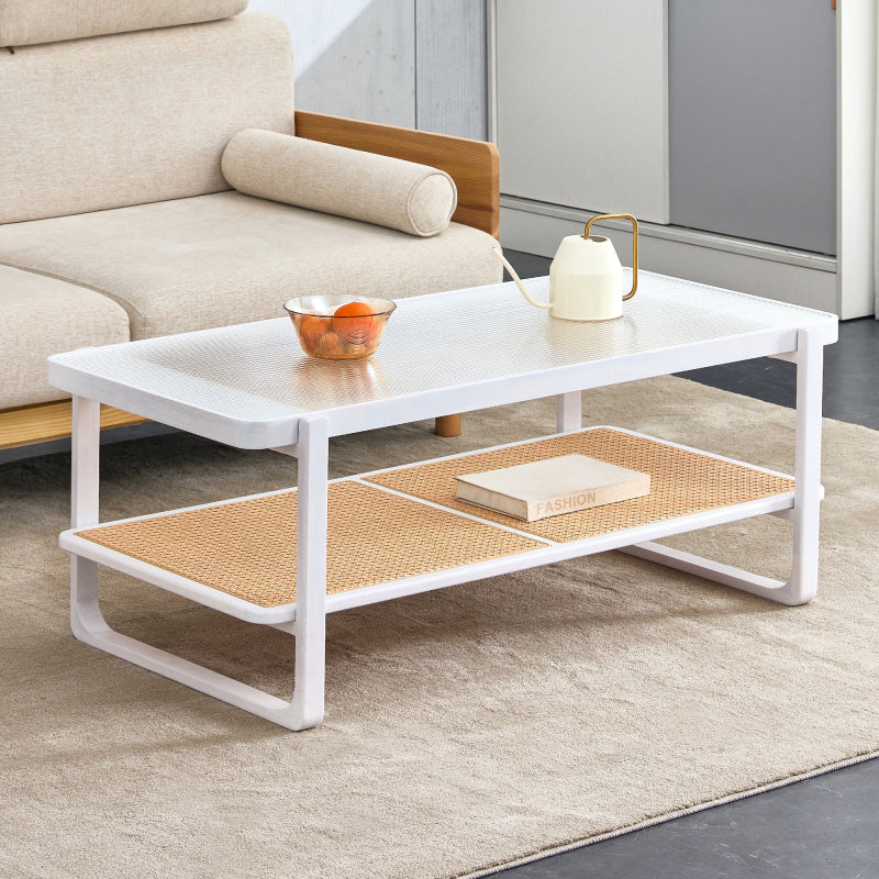 Modern White Coffee Table for Living Room, Glass Top, 2-Tier