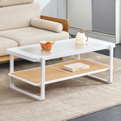 Modern White Coffee Table for Living Room, Glass Top, 2-Tier