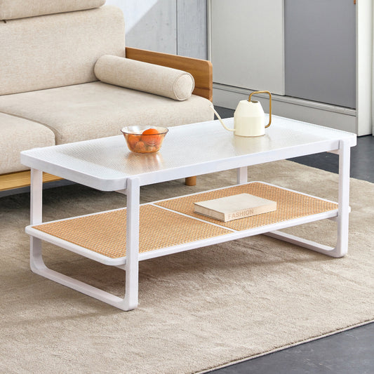 Modern White Coffee Table for Living Room, Glass Top, 2-Tier