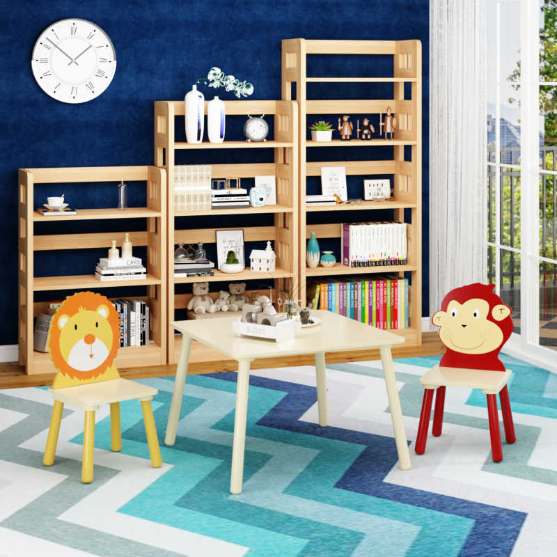 Wooden Kids Table & 2 Chairs for Playroom, Lion & Monkey