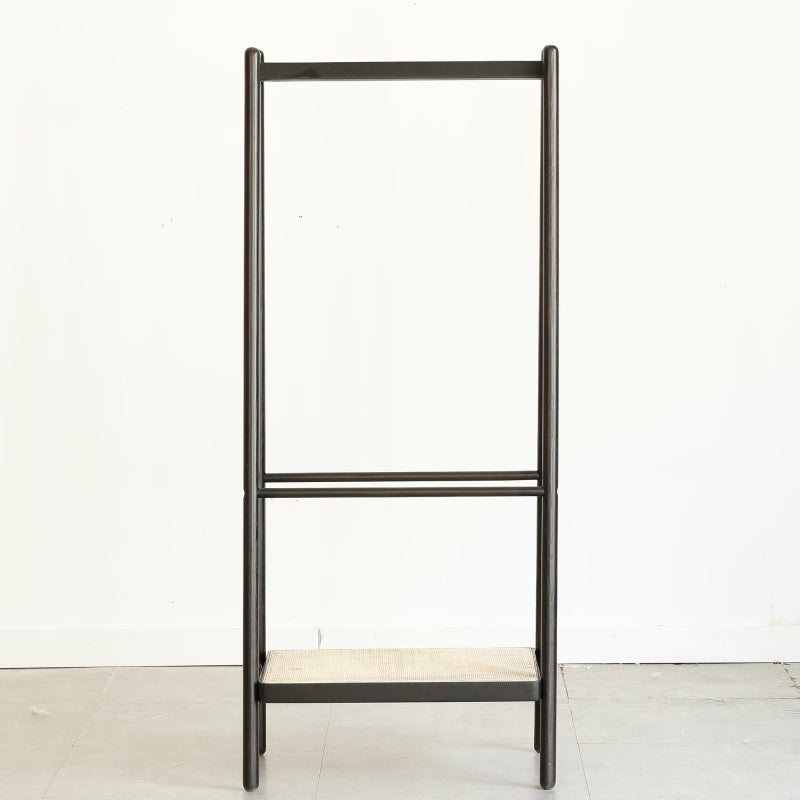 Boho Solid Oak Garment Rack for Entryway, Rattan Shelves