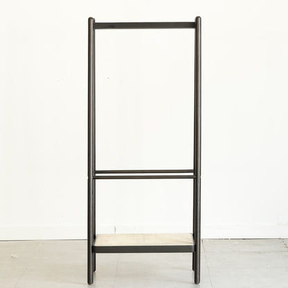 Boho Solid Oak Garment Rack for Entryway, Rattan Shelves
