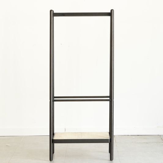 Boho Solid Oak Garment Rack for Entryway, Rattan Shelves