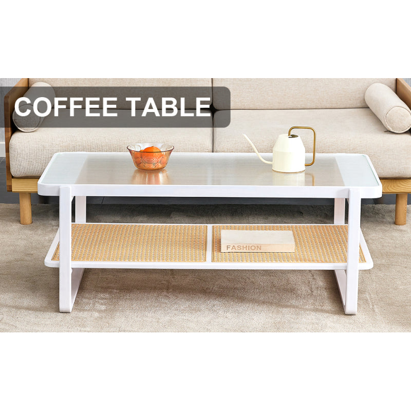 Modern White Coffee Table for Living Room, Glass Top, 2-Tier