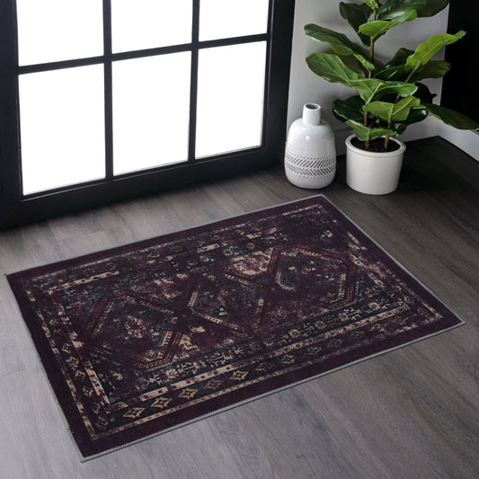 NAAR MAVAL Washable 2x3 Entryway Doormat, Black/Burgundy