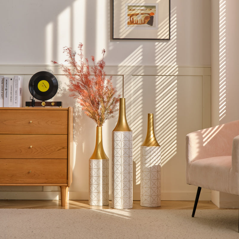 Modern Floor Vase Trio for Living Room, Tall White Metal