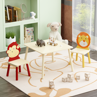 Wooden Kids Table & 2 Chairs for Playroom, Lion & Monkey