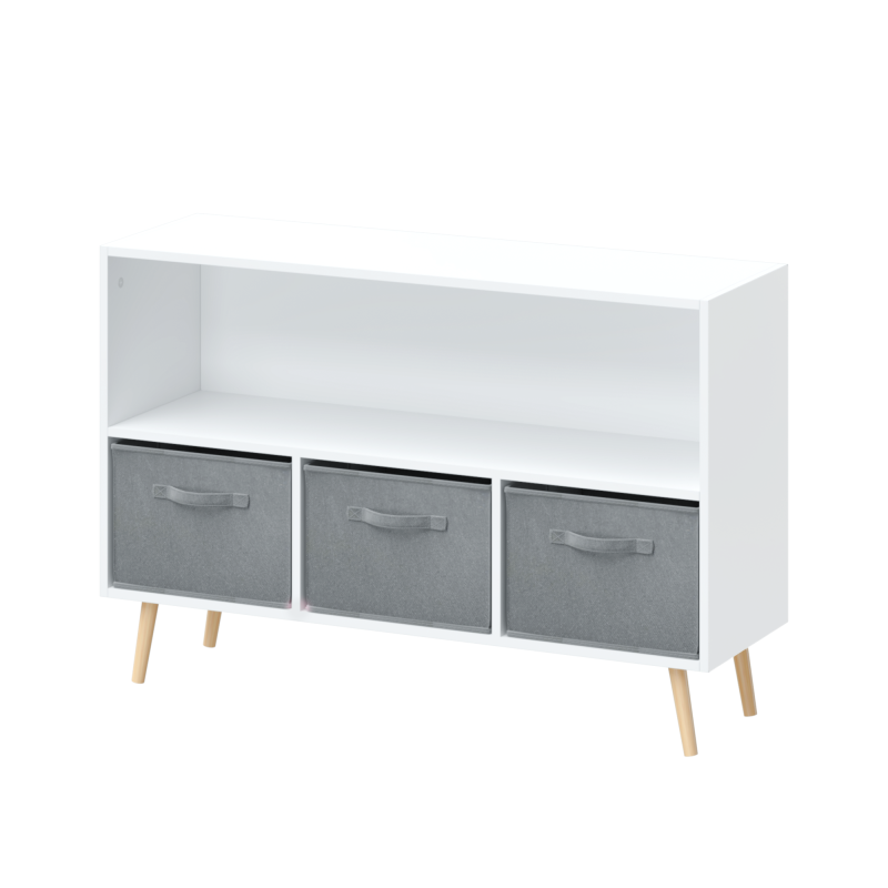 Modern Kids Bookcase for Playroom w/ Collapsible Fabric Bins