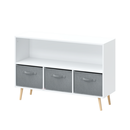 Modern Kids Bookcase for Playroom w/ Collapsible Fabric Bins